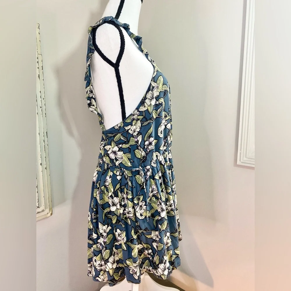 FREE PEOPLE Dear You Blue Green Floral Ruffle Flare Casual Sundress Size Medium